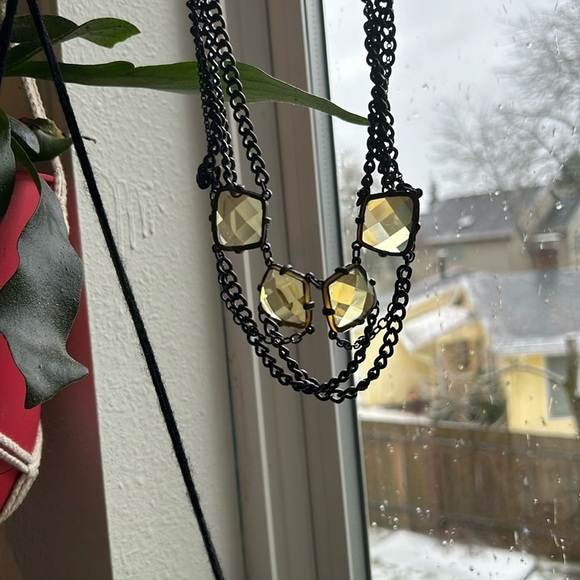 Goth Necklace Yellow Moody Glass and Dark Metal Three Tier Adjustable Stained - Picture 3 of 5